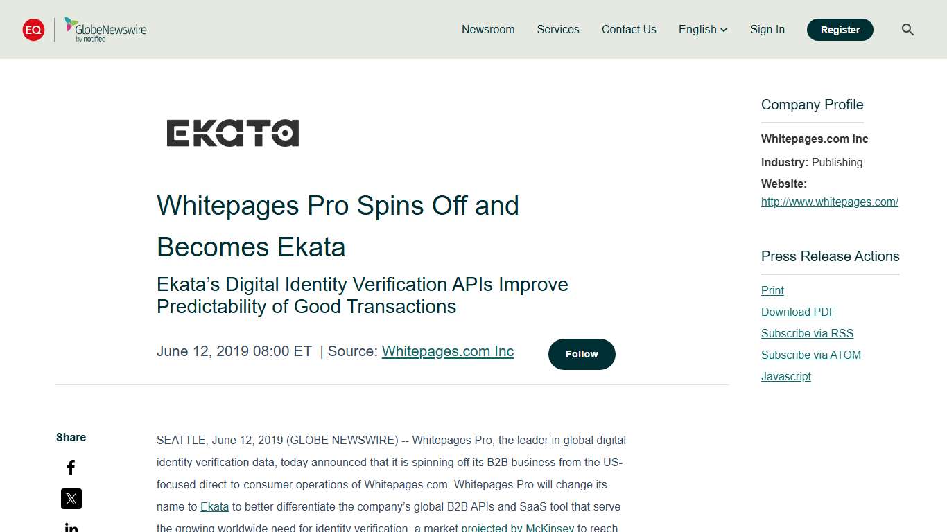 Whitepages Pro Spins Off and Becomes Ekata